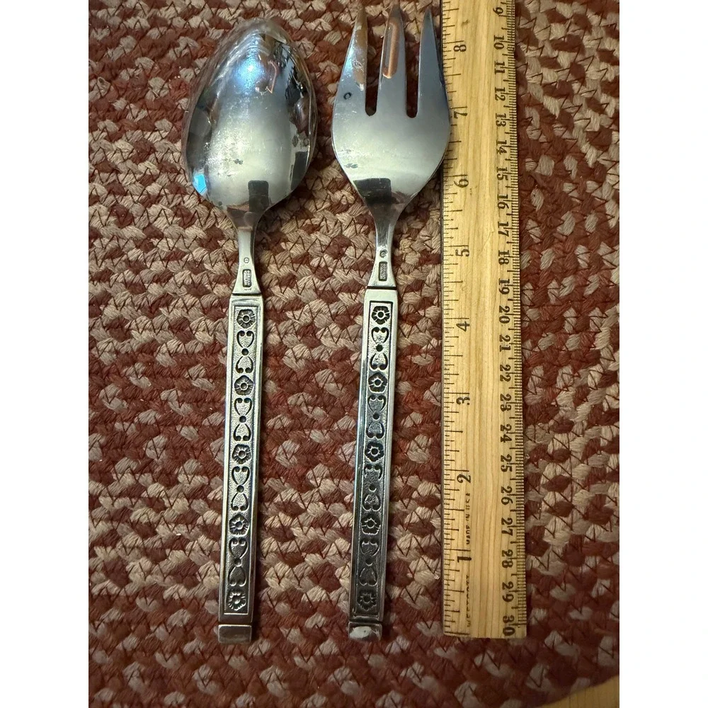 Gorham Salad Serving Set‎ OS Silver Vintage Floral Heart Stainless Steel